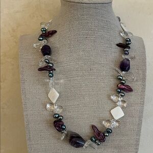 Artisan clear and violet necklace with amethyst fresh water pearls rock crystal